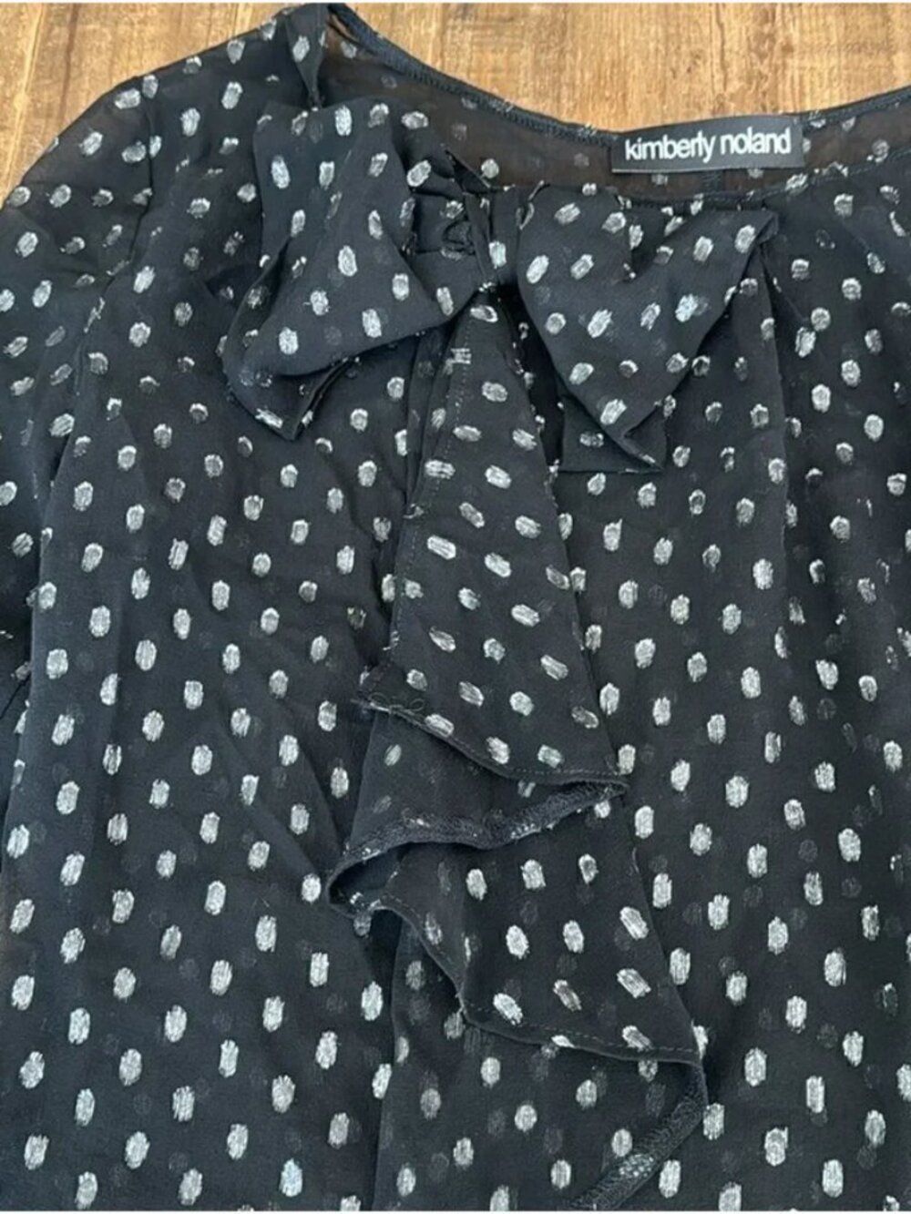 Black Bow Blouse XS | Metallic Polka Dot Ruffle Workwear Top - Picture 5 of 7